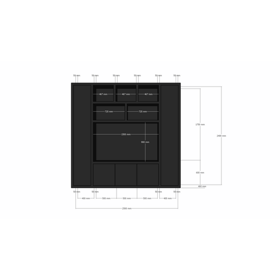 123kast  Cinewall Austin - 250x40x240H cm - open vakken - push to open deuren - strak design