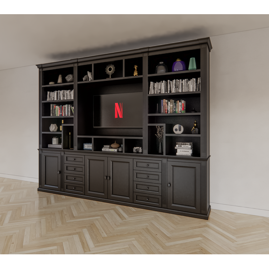 123kast  Cinewall Victoria - 300x40x240H cm - met cinewall - verstelbare planken - met kabelgat in tv vak