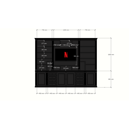 123kast  Cinewall Victoria - 300x40x240H cm - met cinewall - verstelbare planken - met kabelgat in tv vak