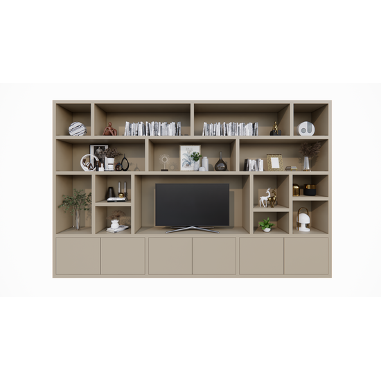 123kast  Cinewall Osaka - 400x40x255H cm - 15 open vakken - 6 push to open deurtjes - cinewall - tv vak - strak design - demontabel - 5cm plank dikte