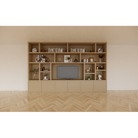 123kast  Cinewall Osaka - 400x40x255H cm - 15 open vakken - 6 push to open deurtjes - cinewall - tv vak - strak design - demontabel - 5cm plank dikte