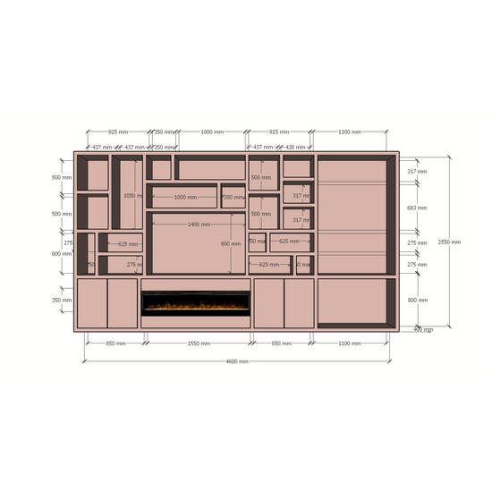 123kast  Cinewall Viterbo met openhaard - 460x40x255H cm - 5cm plank dikte - PRIJS OP AANVRAAG