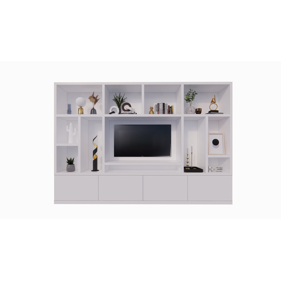 123kast  Cinewall Campos  - 350x40x240H cm - tv vak - cinewall - 4 push to open deuren - open vakken - strak design - 5cm plank en frame dikte