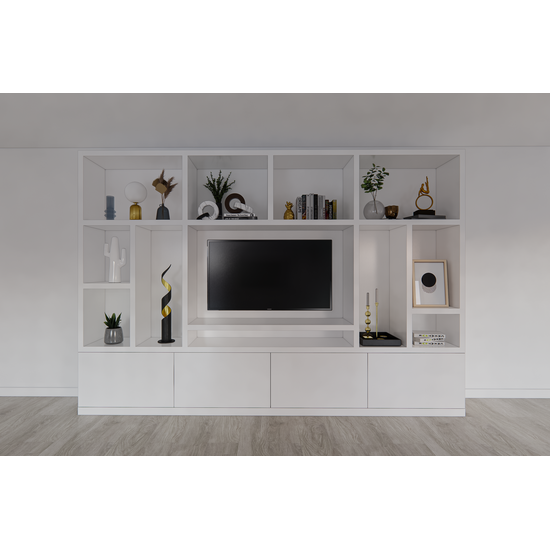 123kast  Cinewall Campos  - 350x40x240H cm - tv vak - cinewall - 4 push to open deuren - open vakken - strak design - 5cm plank en frame dikte