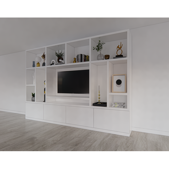 123kast  Cinewall Campos  - 350x40x240H cm - tv vak - cinewall - 4 push to open deuren - open vakken - strak design - 5cm plank en frame dikte