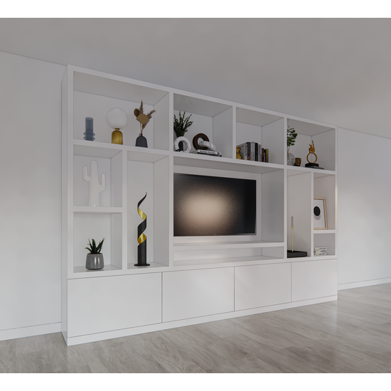 123kast  Cinewall Campos  - 350x40x240H cm - tv vak - cinewall - 4 push to open deuren - open vakken - strak design - 5cm plank en frame dikte