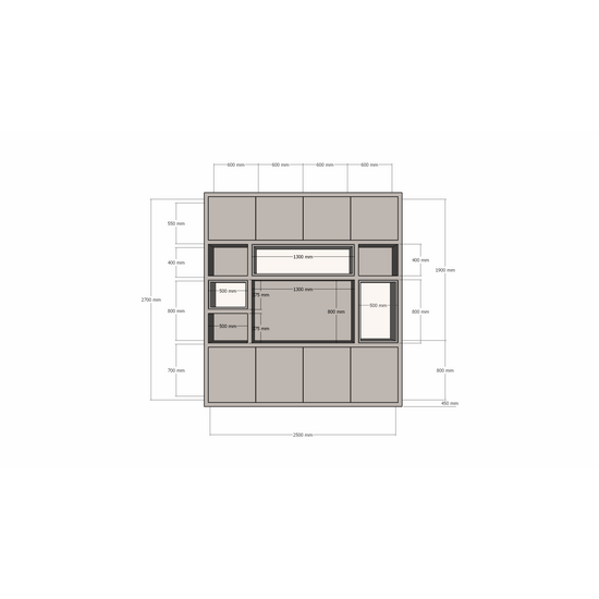 123kast  Cinewall Chard - 250x45x270H cm - vak in vak vakken - push to open deuren - strakke afwerking