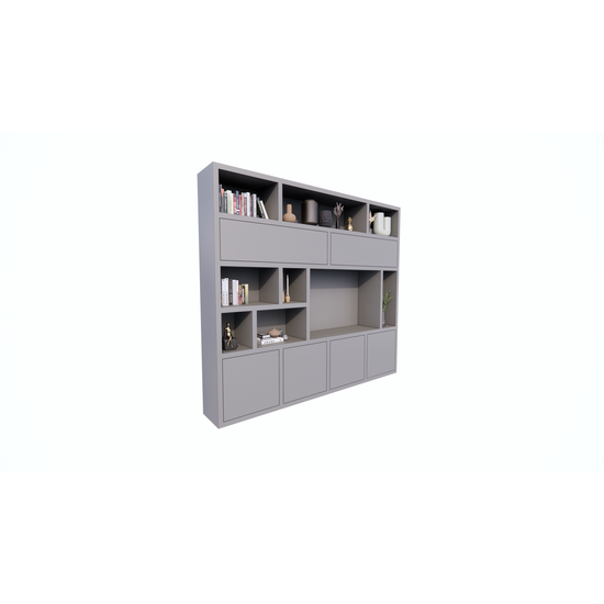 123kast  Cinewall Girona - 275x40x240H cm - open vakken in bovenkast en 2 klepdeuren - 4 greeploze deuren in onderkast - cinewall - tv vak