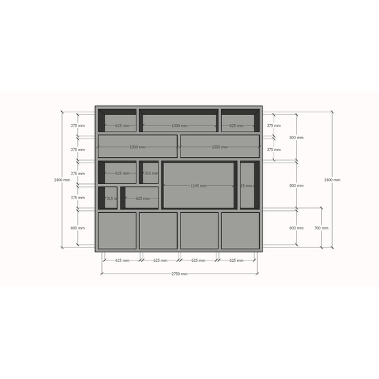 123kast  Cinewall Girona - 275x40x240H cm - open vakken in bovenkast en 2 klepdeuren - 4 greeploze deuren in onderkast - cinewall - tv vak