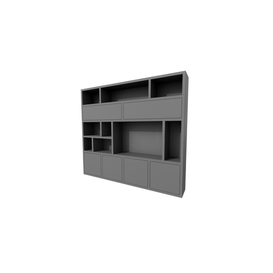 123kast  Cinewall Girona - 275x40x240H cm - open vakken in bovenkast en 2 klepdeuren - 4 greeploze deuren in onderkast - cinewall - tv vak