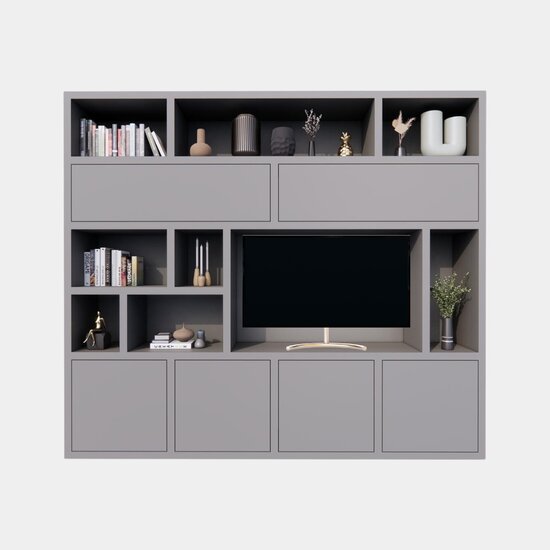 123kast  Cinewall Girona - 275x40x240H cm - open vakken in bovenkast en 2 klepdeuren - 4 greeploze deuren in onderkast - cinewall - tv vak