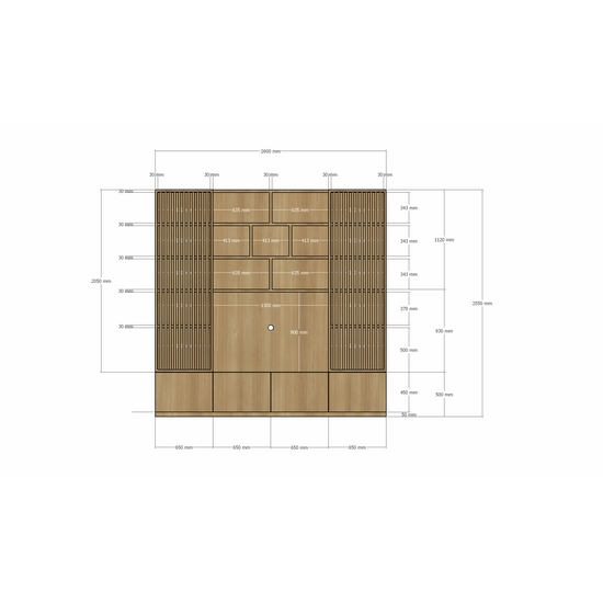 123kast  Cinewall Pinoso - 260x40x255H cm - eiken - paneeldeuren - open vakken - strakke afwerking