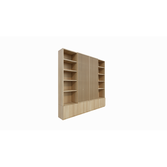 123kast  Cinewall Pinoso - 260x40x255H cm - eiken - paneeldeuren - open vakken - strakke afwerking