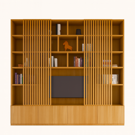 123kast  Cinewall Pinoso - 260x40x255H cm - eiken - paneeldeuren - open vakken - strakke afwerking