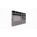 123kast  Cinewall Padua - 300x40x240H cm - 4cm plank dikte - met cinewall/tv vak - strak design - open vakken - 5 greeploze push to open deuren met bewerking - met kabelgat in tv vak