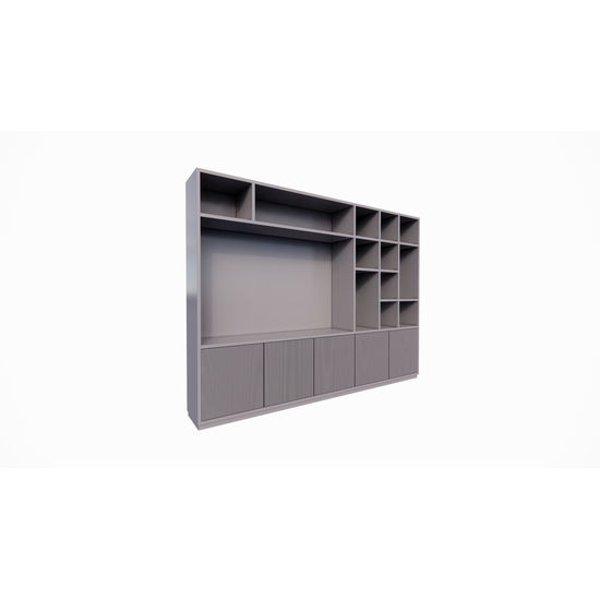 123kast  Cinewall Padua - 300x40x240H cm - 4cm plank dikte - met cinewall/tv vak - strak design - open vakken - 5 greeploze push to open deuren met bewerking - met kabelgat in tv vak