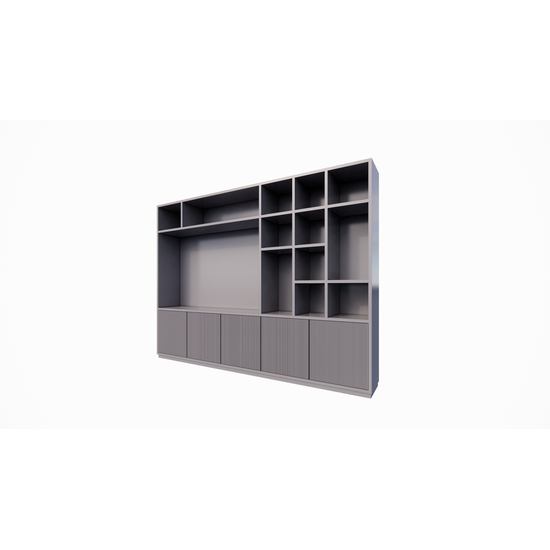 123kast  Cinewall Padua - 300x40x240H cm - 4cm plank dikte - met cinewall/tv vak - strak design - open vakken - 5 greeploze push to open deuren met bewerking - met kabelgat in tv vak