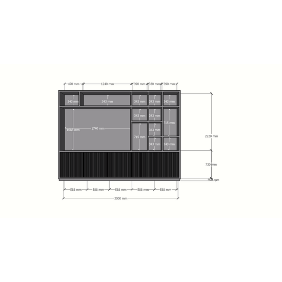 123kast  Cinewall Padua - 300x40x240H cm - 4cm plank dikte - met cinewall/tv vak - strak design - open vakken - 5 greeploze push to open deuren met bewerking - met kabelgat in tv vak