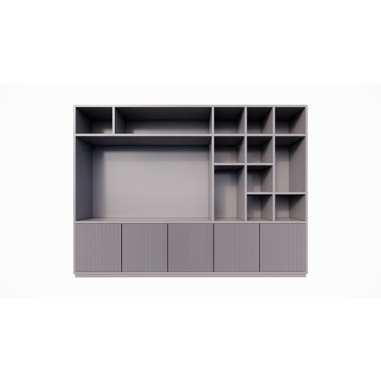 123kast  Cinewall Padua - 300x40x240H cm - 4cm plank dikte - met cinewall/tv vak - strak design - open vakken - 5 greeploze push to open deuren met bewerking - met kabelgat in tv vak