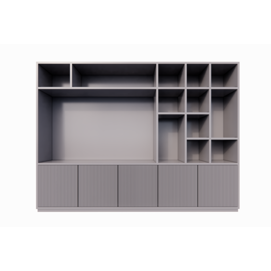 123kast  Cinewall Padua - 300x40x240H cm - 4cm plank dikte - met cinewall/tv vak - strak design - open vakken - 5 greeploze push to open deuren met bewerking - met kabelgat in tv vak