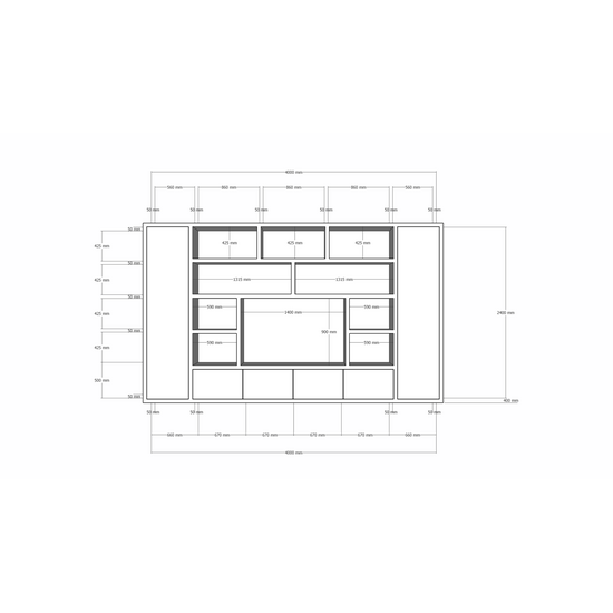 123kast  Cinewall Austin - 400x40x240H cm - strak design - dichte push to open deuren - open vakken