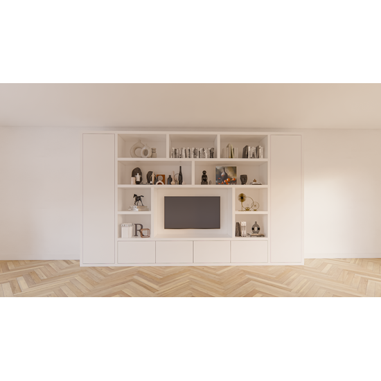 123kast  Cinewall Austin - 400x40x240H cm - strak design - dichte push to open deuren - open vakken