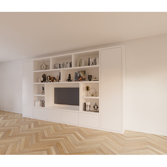 123kast  Cinewall Austin - 400x40x240H cm - strak design - dichte push to open deuren - open vakken