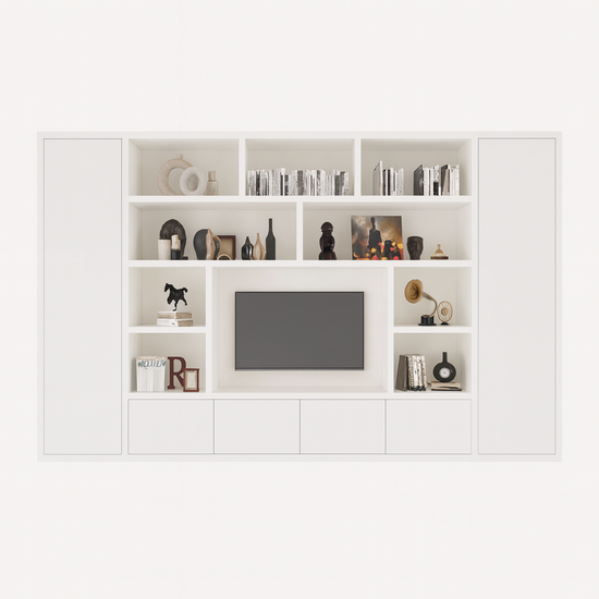 123kast  Cinewall Austin - 400x40x240H cm - strak design - dichte push to open deuren - open vakken