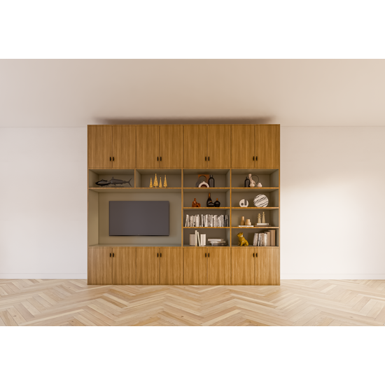 123kast  Cinewall Nome - 300x40x250H cm - dichten deuren - open vakken - met eiken buitenkant