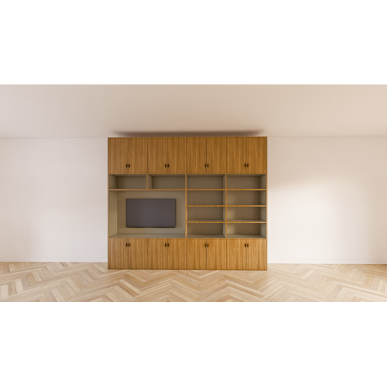 123kast  Cinewall Nome - 300x40x250H cm - dichten deuren - open vakken - met eiken buitenkant