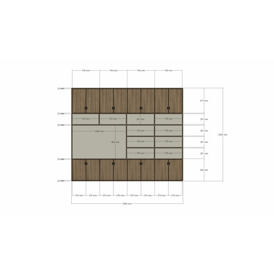123kast  Cinewall Nome - 300x40x250H cm - dichten deuren - open vakken - met eiken buitenkant