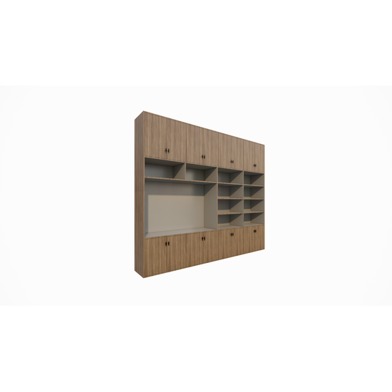 123kast  Cinewall Nome - 300x40x250H cm - dichten deuren - open vakken - met eiken buitenkant