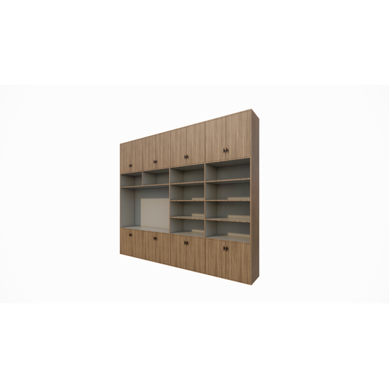 123kast  Cinewall Nome - 300x40x250H cm - dichten deuren - open vakken - met eiken buitenkant