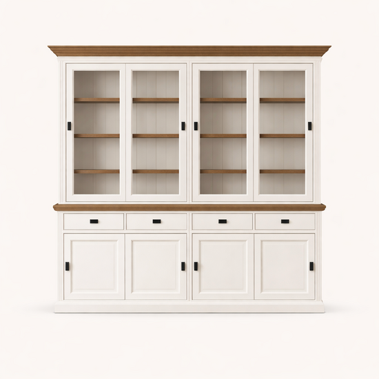 123kast  Buffetkast Bari - 240x50x240H cm - eiken middenlijst - eiken bovelijst - 4 vitrine schuifdeuren - 4 dichte schuifdeuren -4 soft close lades