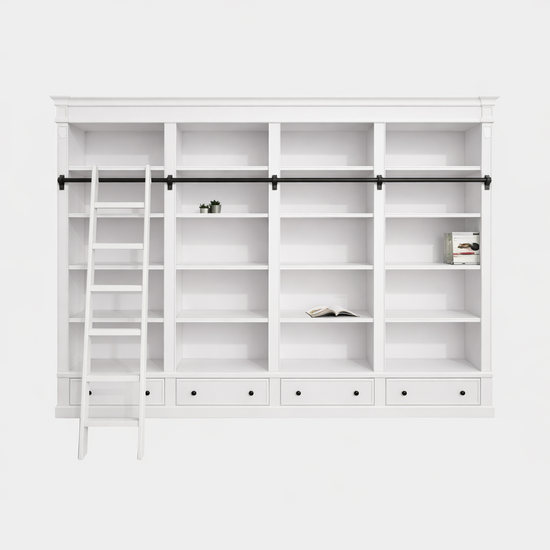 123kast  Brighton library - boekenkast - 330x40x240H cm - demontabel - met stang en ladder - 330x40x240H cm - 16 verstelbare planken - 4 soft close lades