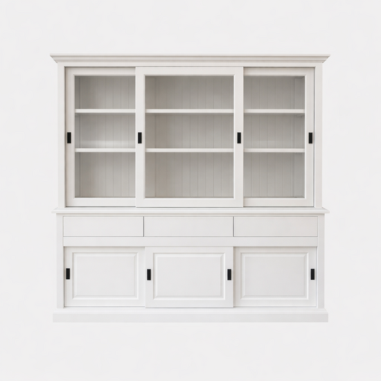 123kast  Buffetkast Washington - 220x53x218H cm - 3 greeploze lades - 6 schuifdeuren - glazen zijkanten