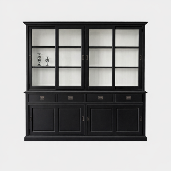 123kast  Buffetkast San Marco - 240x50x220H cm - 4 vitrine schuifdeuren - glazen zijkanten - 4 soft close lades - 4 dichte schuifdeuren