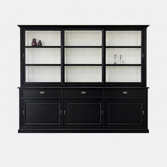 123kast  Buffetkast Miami Beach - 300x53x218H cm - glazen zijkanten - 3 vitrine schuifdeuren - 3 soft close lades - 3 dichte schuifdeuren