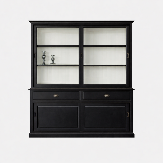 123kast  Buffetkast Miami beach -  200x53x218H cm - 2 vitrine schuifdeuren - 2 lades - 2 dichte schuifdeuren - glazen zijkanten