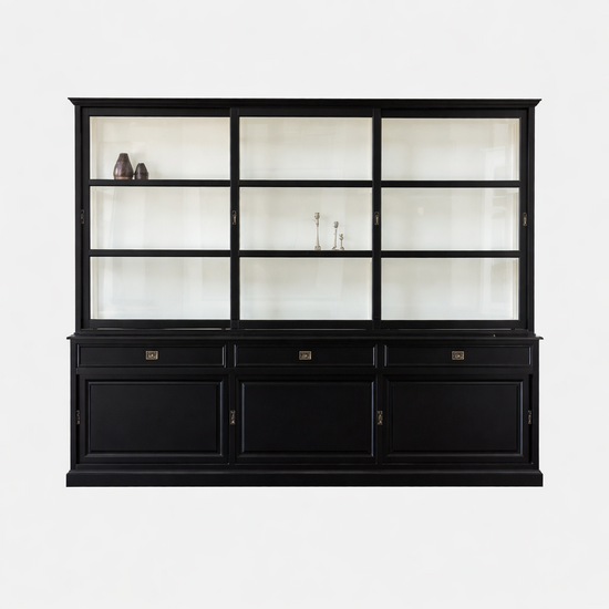 123kast   Buffetkast Miami Beach - 260x53x218H cm - 3 vitrine schuifdeuren - 3 lades - 3 dichte schuifdeuren - glazen zijkanten