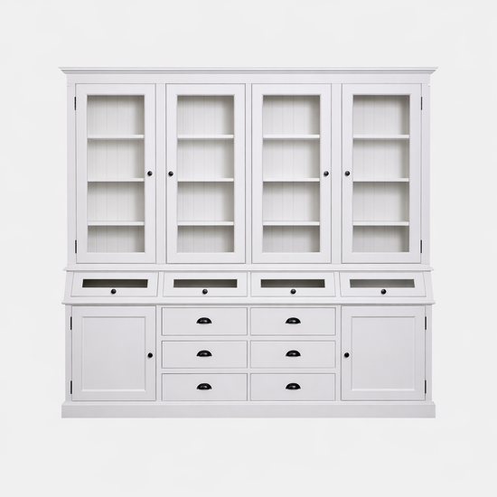 123kast  Grutterskast Cova - 214x50x226H cm - 4 vitrine scharnierdeuren - 4 kleppen - 6 lades - 2 dichte scharnierdeuren