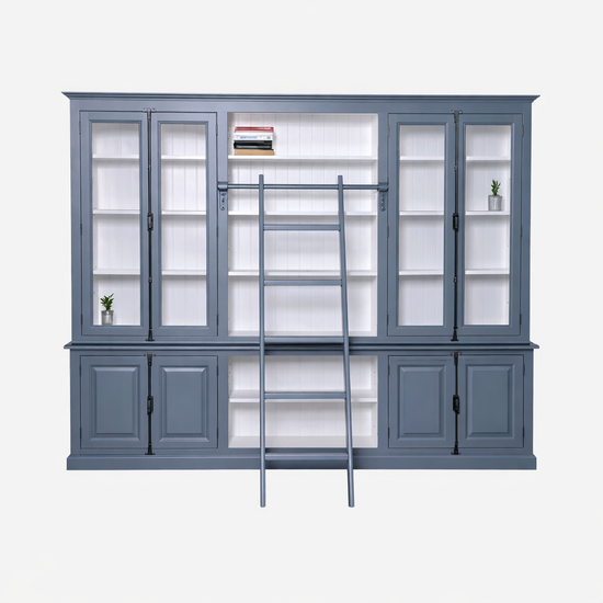 123kast  Boekenkast - English library - 300x50x230H cm - met ladder - met vitrinedeuren - espagnolet sluiting