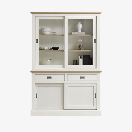 123kast  Buffetkast Brooklyn 02 - 140x50x220H cm - met eiken boven en tussen blad - 2 soft close lades - 2 vitrine schuifdeuren - 2 dichte schuifdeuren