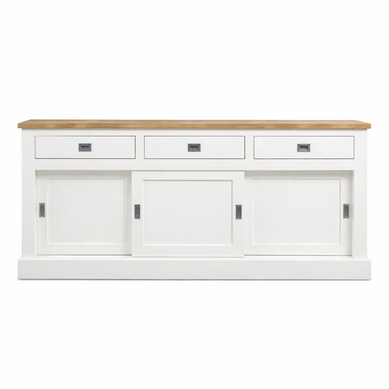 123kast  Dressoir Brooklyn 01 - 200x46x90H cm - met eiken bovenblad - 3 soft close lades - 3 dichte schuifdeuren