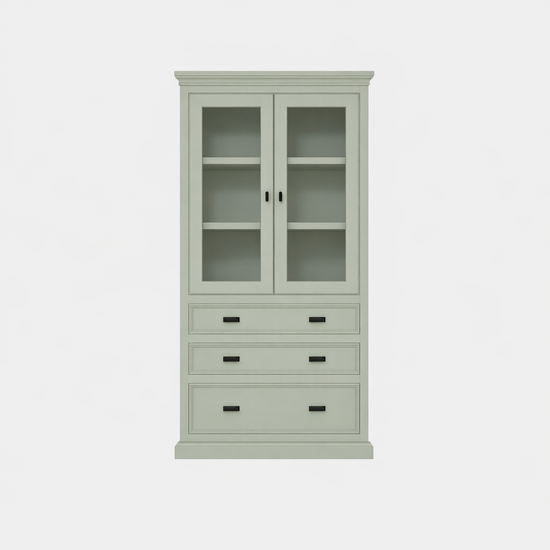 123kast  Vitrine/lade kast Foggia 01 - 107x48x225H cm - 2 vitrinedeuren - 3 brede soft close lades - landelijke/klassiek sierlijst