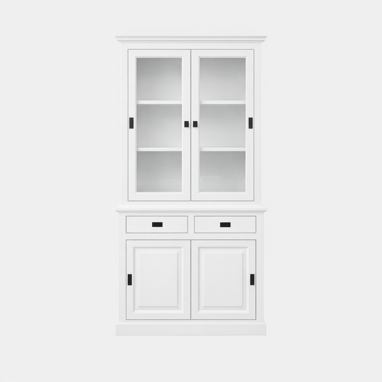 123kast  Buffetkast Peru - 126x50x230H cm - 2 vitrine schuifdeuren - 2 soft close lades - 2 dichte schuifdeuren