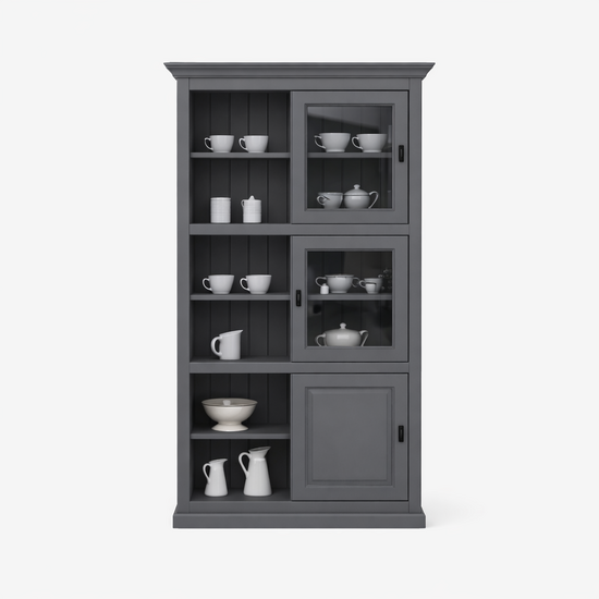 123kast  Vitrinekast Middelburg - 110x40x210H - 4 glazen schuifdeuren - 2 dichte schuifdeuren - landelijke sierlijst