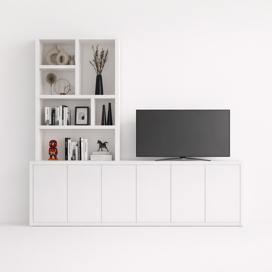 123kast  Tv dressoir Royan - 275x30/45x255H cm - 6 push to open deuren - vakkenkast gedeelte - strakke afwerking