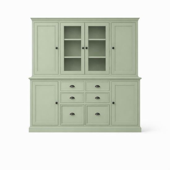 123kast  Buffetkast Foggia 05- 225x48x225H cm - 2 dichte deuren in de bovenkast - 2 vitrine deuren - 4 dichte deuren in onderkast - 6 soft close lades - landelijke/klassieke sierlijst