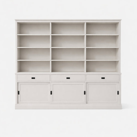 123kast  Boekenkast New York - 300x40x230H cm - strakke boekenkast - 3 soft close lades - 3 schuifdeuren - verstelbare planken